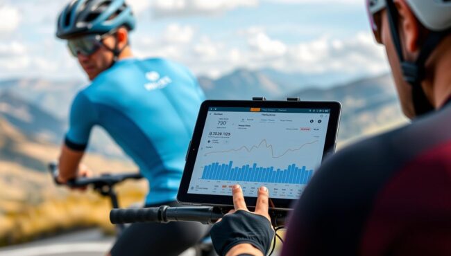 Ciclista analizando datos de entrenamiento en una plataforma de IA en su tablet mientras esta