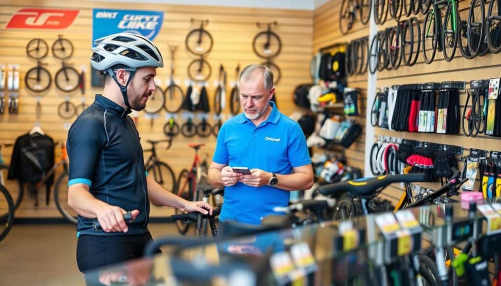 Ciclista eligiendo accesorios en una tienda especializada Ciclista eligiendo accesorios en una tienda especializada