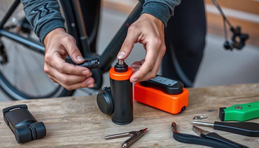 Ciclista realizando mantenimiento a una mini bomba eléctrica para bicicleta