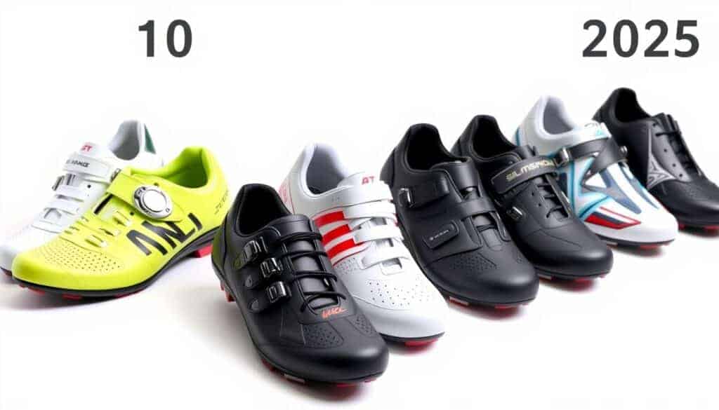 Coleccion de las mejores zapatillas de ciclismo de carretera 2025 dispuestas en fila mostrando