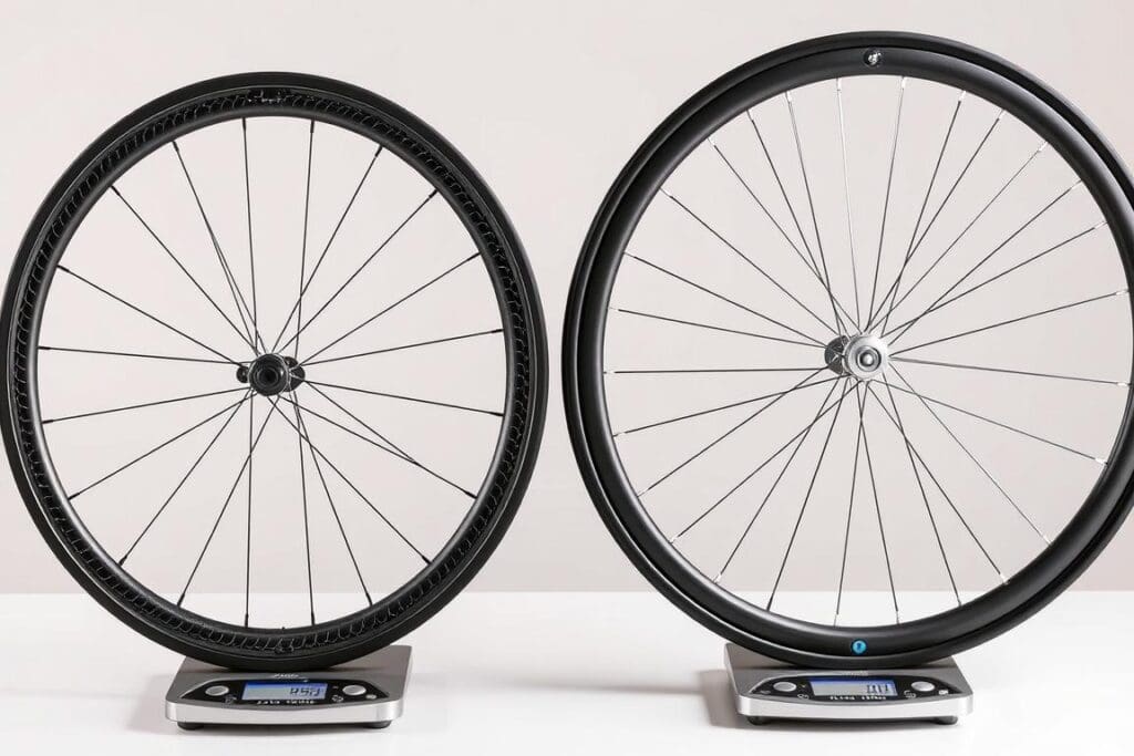 Comparación de ruedas de carbono y aluminio para bicicletas mostrando la diferencia de peso