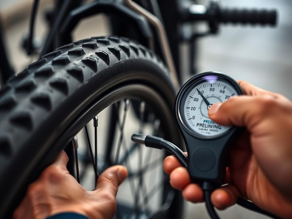 Comprobación de la presión de los neumáticos en una bicicleta eléctrica
