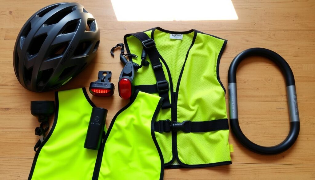 Conjunto de accesorios de seguridad para bicicleta incluyendo casco, luces y candado