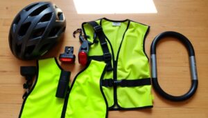 Conjunto de accesorios de seguridad para bicicleta incluyendo casco, luces y candado