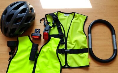 Conjunto de accesorios de seguridad para bicicleta incluyendo casco, luces y candado