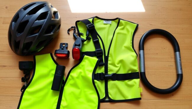 Conjunto de accesorios de seguridad para bicicleta incluyendo casco, luces y candado