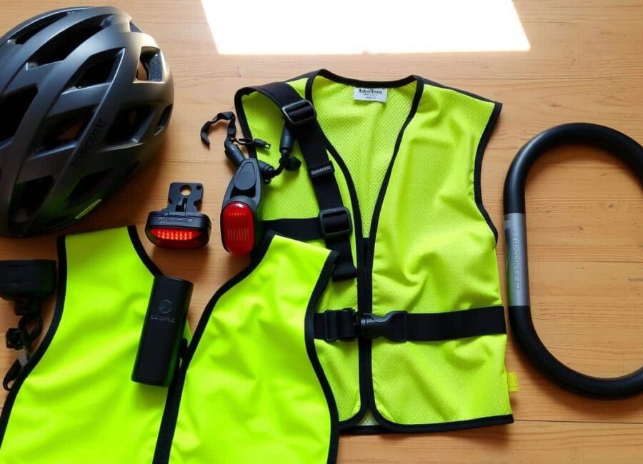 Conjunto de accesorios de seguridad para bicicleta incluyendo casco, luces y candado