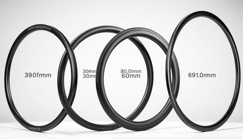 Diferentes perfiles de ruedas de carbono para bicicletas mostrando varias profundidades