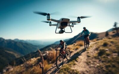Drone siguiendo a un ciclista en un sendero de montaña