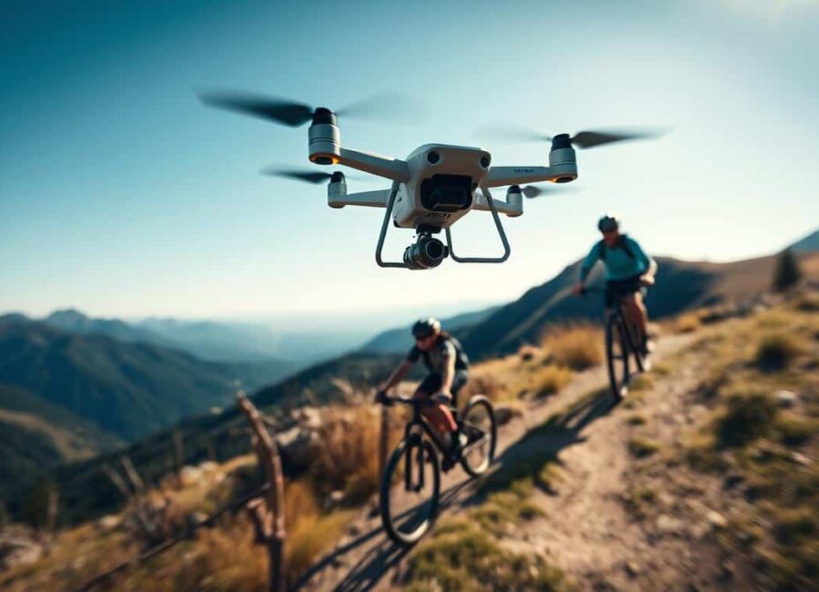 Drone siguiendo a un ciclista en un sendero de montaña