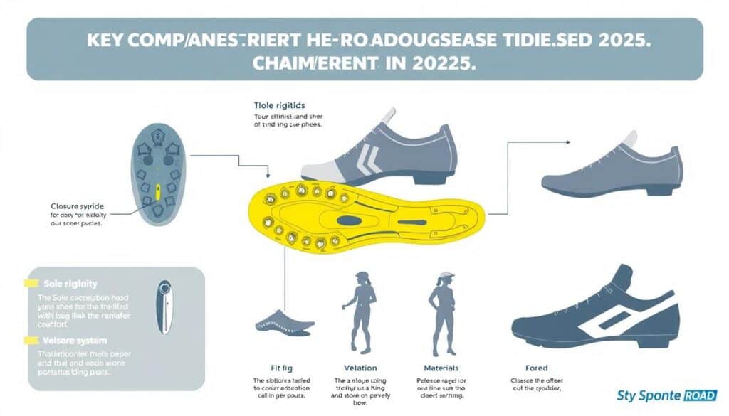 Ilustración de los diferentes componentes y características a considerar al elegir zapatillas de ciclismo de carretera en 2025 Ilustración de los diferentes componentes y características a considerar al elegir zapatillas de ciclismo de carretera en 2025