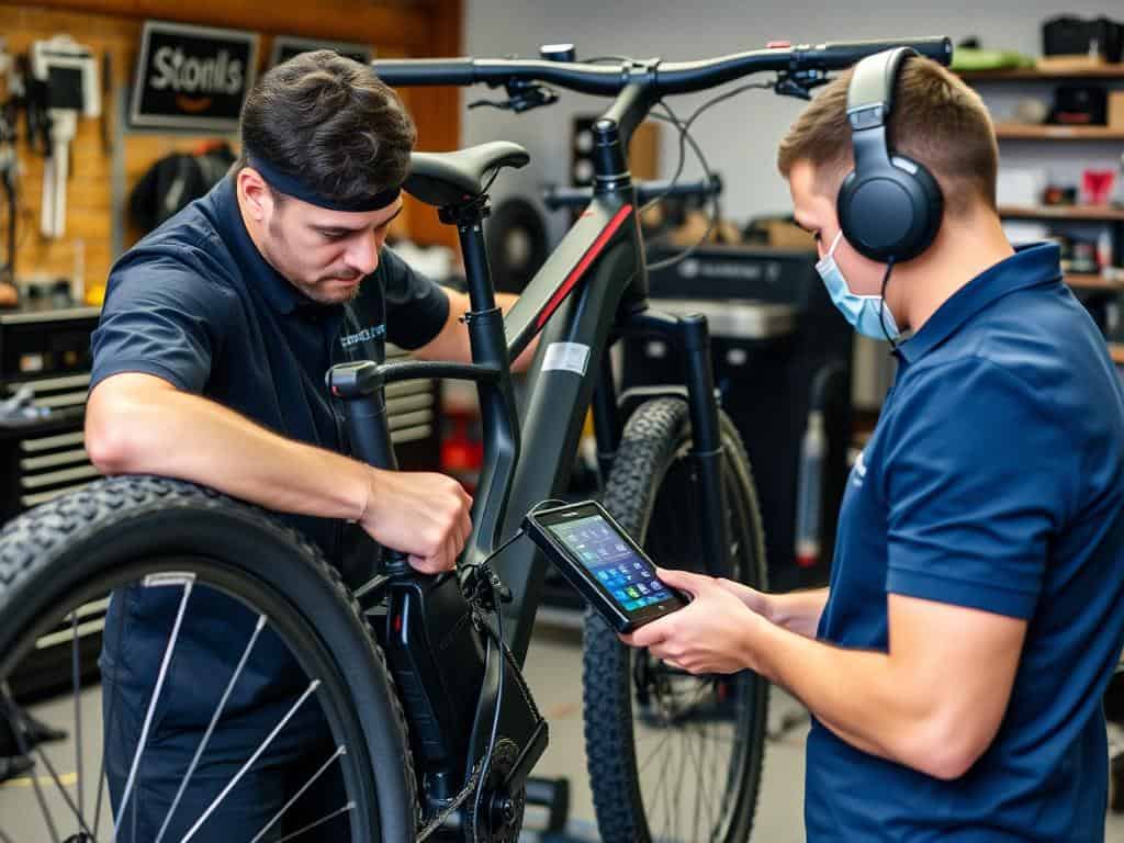 Técnico especializado realizando mantenimiento avanzado a una bicicleta eléctrica