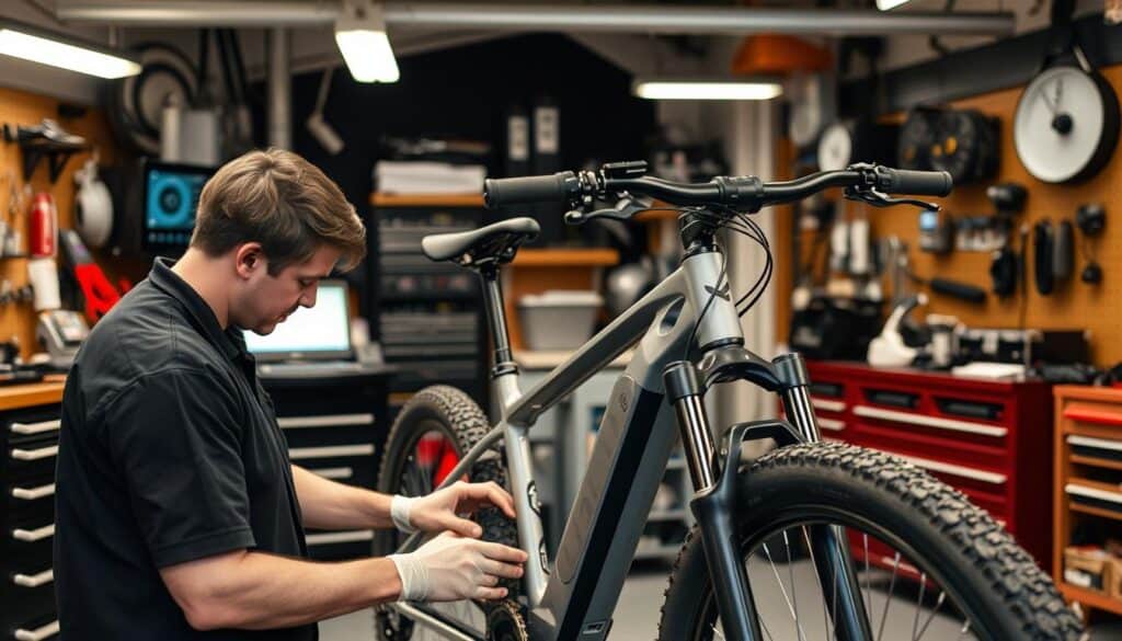 Técnico realizando mantenimiento anual a una bicicleta eléctrica en taller especializado