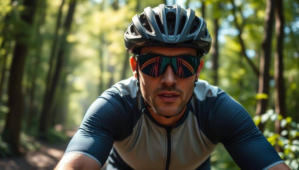 Ciclista usando gafas KOO en condiciones de luz variable en bosque Ciclista usando gafas KOO en condiciones de luz variable en bosque