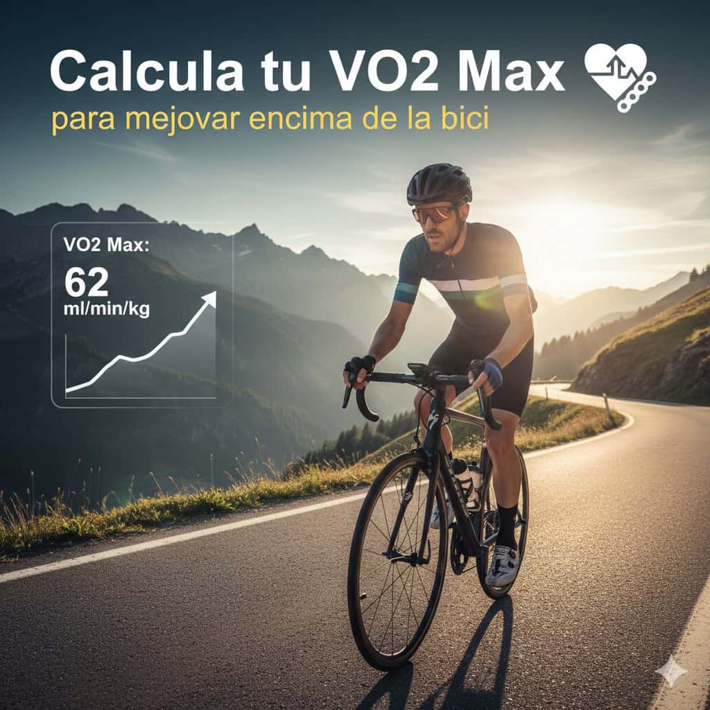 Imagen de ciclista en ruta montañosa con información sobre cálculo de VO2 Max para mejorar rendimiento en bicicleta.