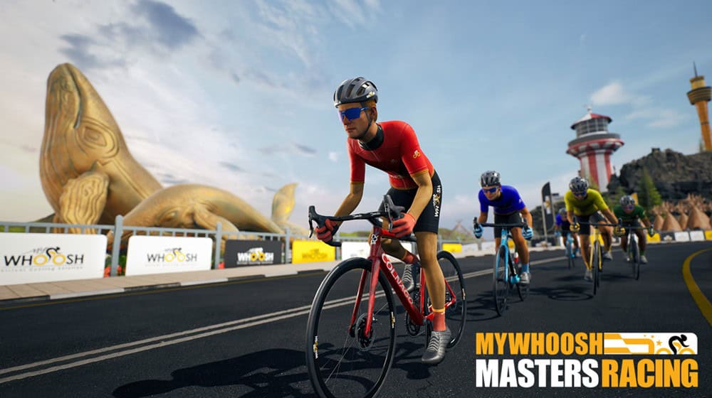 Ciclistas compitiendo en una carrera virtual de MyWhoosh