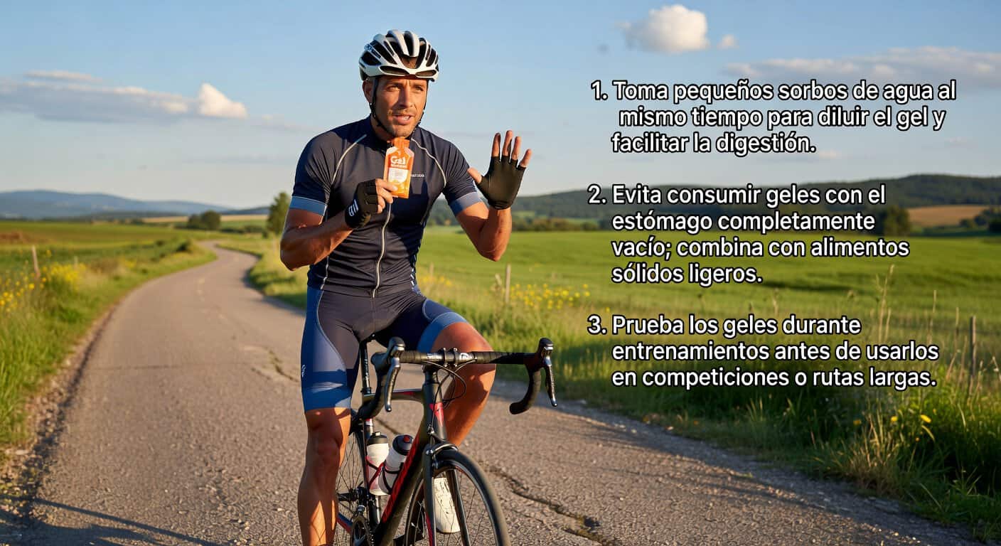 Ciclista tomando un gel energético durante una ruta