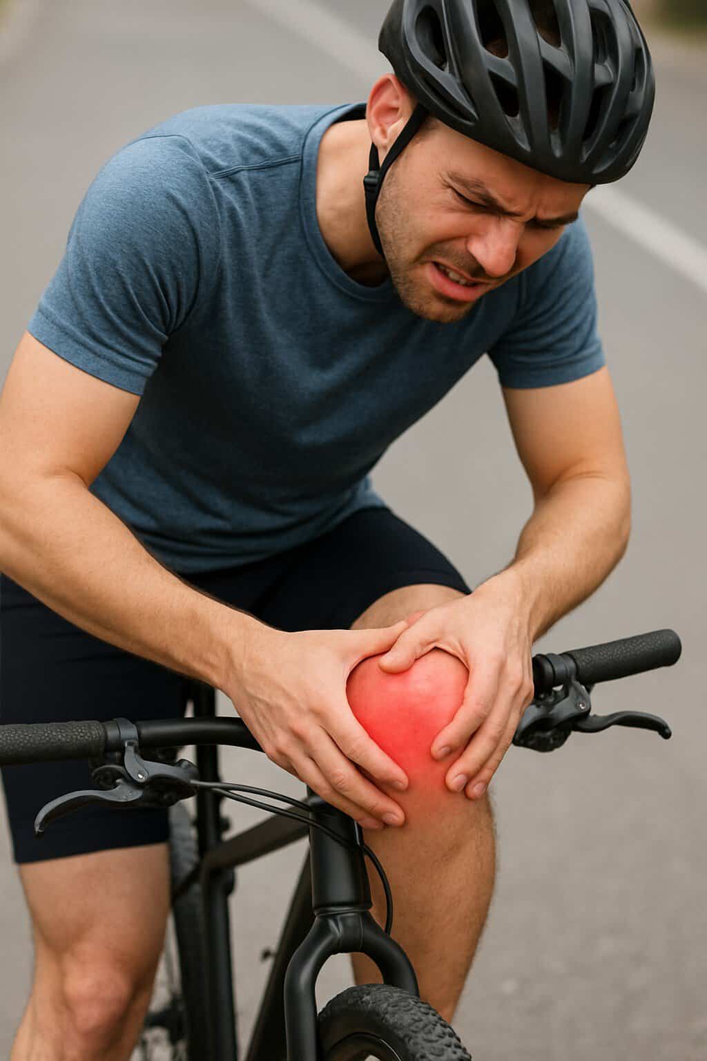 Ciclista con dolor de rodilla durante el entrenamiento en bicicleta