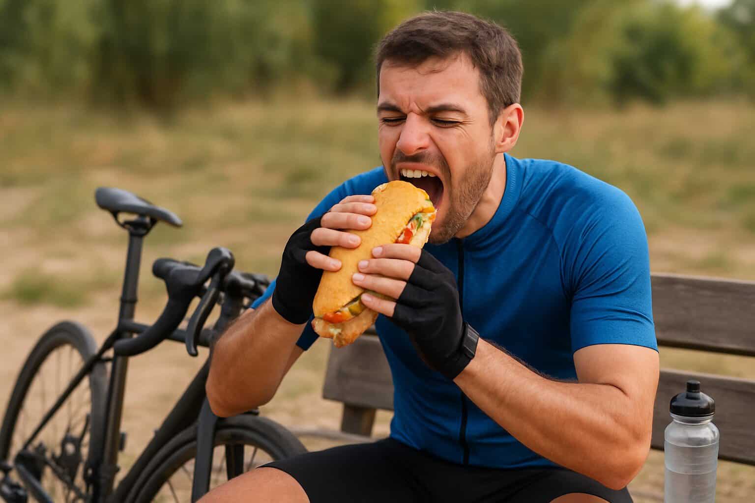 Ciclista con hambre después de entrenar en bicicleta