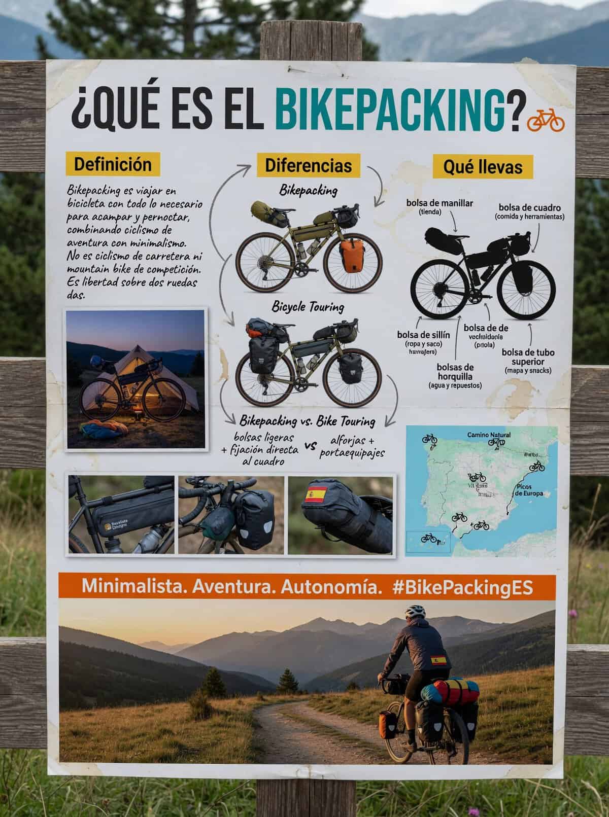 Ciclista haciendo bikepacking con bolsas integradas en la bicicleta por camino de montaña