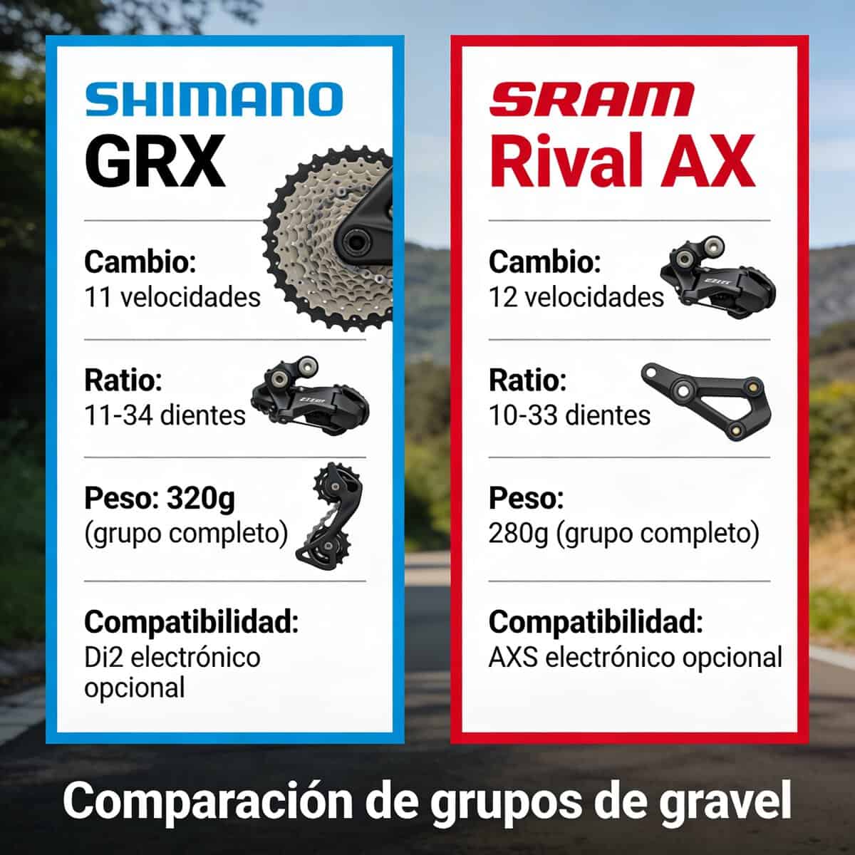 Shimano GRX RX820 vs SRAM Rival AXS 2025 — comparativa grupos gravel 12 velocidades 2026