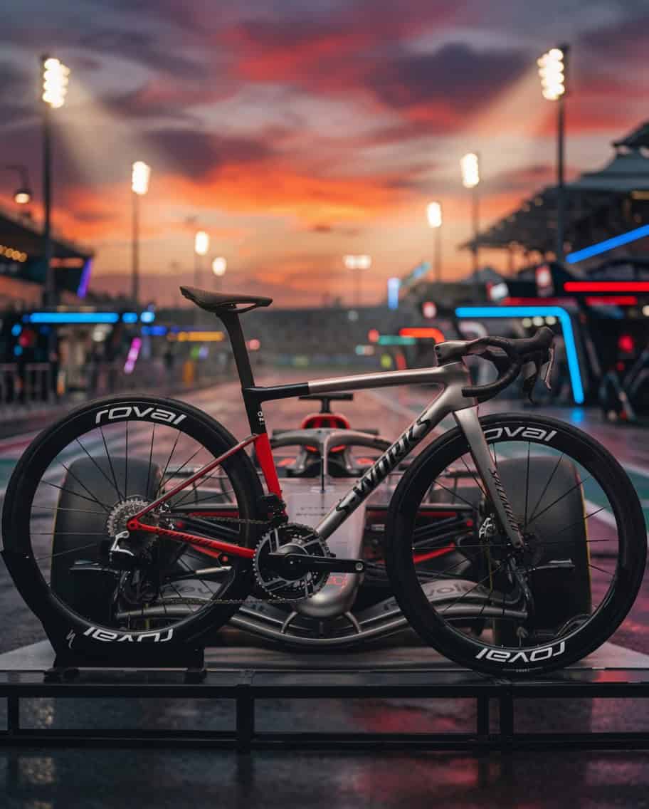 Detalle del cuadro Specialized con los colores del Audi Revolut F1 Team 2026