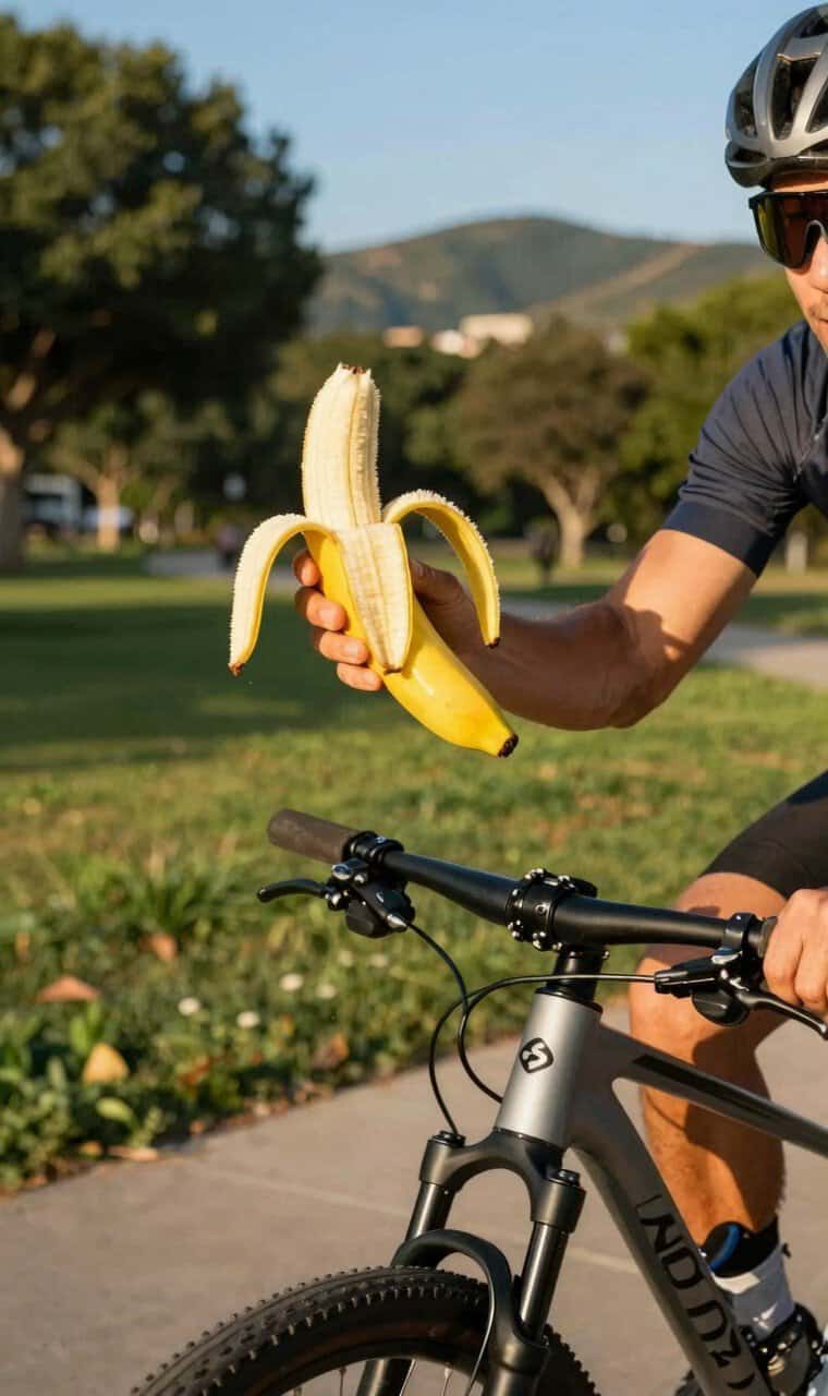 Ciclista comiendo plátano avituallamiento en ruta energía natural