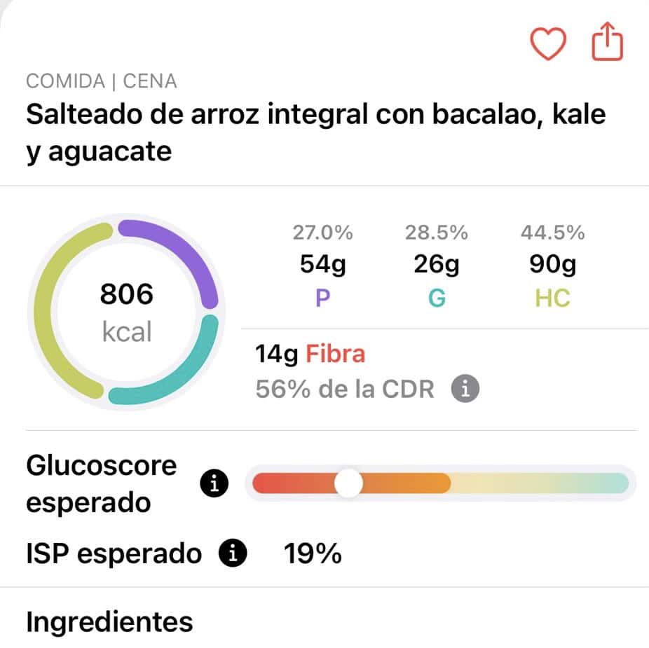 Panel del ISP (Índice de Saciedad Personalizado) en la app Glucovibes