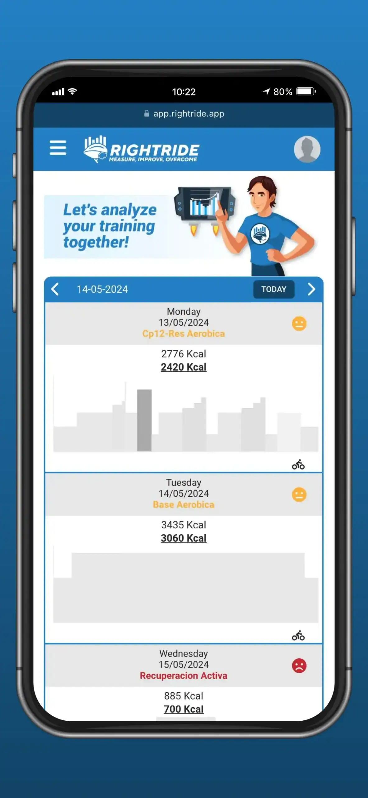 RightRide app pantalla calendario entrenamiento ciclista semanal