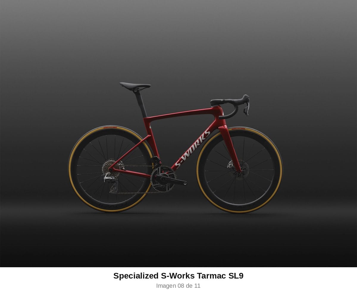 Specialized S-Works Tarmac SL9 SRAM RED AXS colorway rojo metalizado, vista de perfil completo