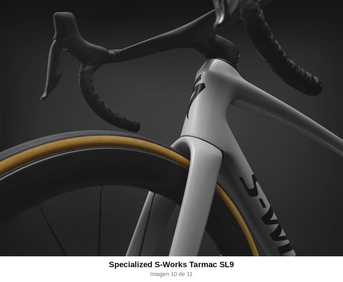 Detalle del tubo de dirección y la pipa de la Specialized S-Works Tarmac SL9 colorway gris