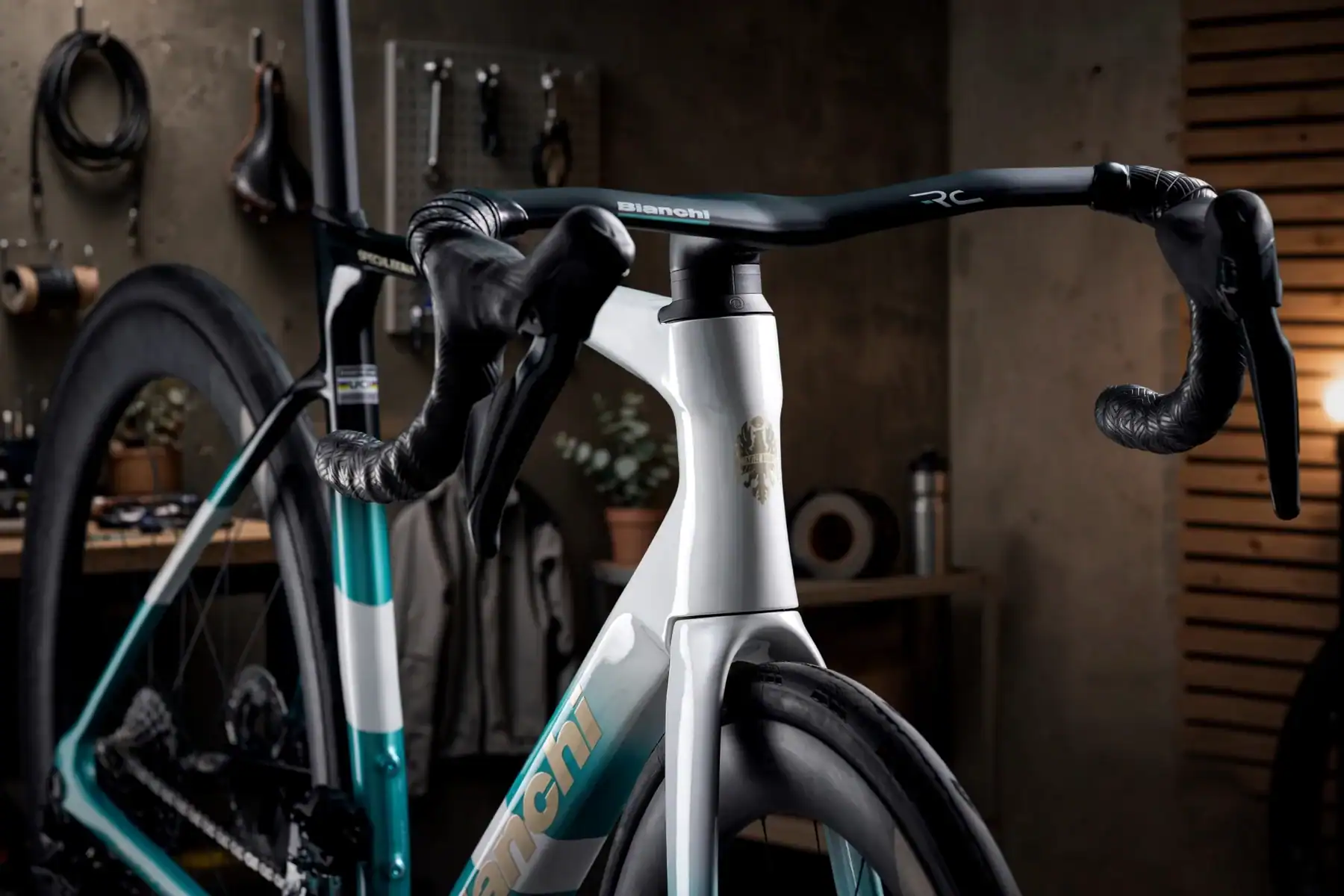 Detalle de la horquilla y el tubo de dirección de la Bianchi Specialissima 2027
