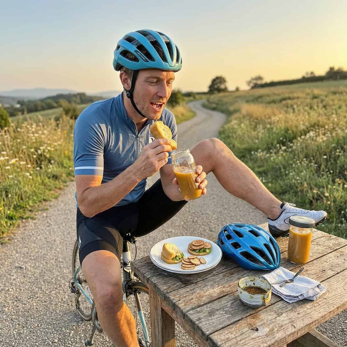 Ciclista preparando comida de recuperación post-entrenamiento con arroz, pollo y verduras