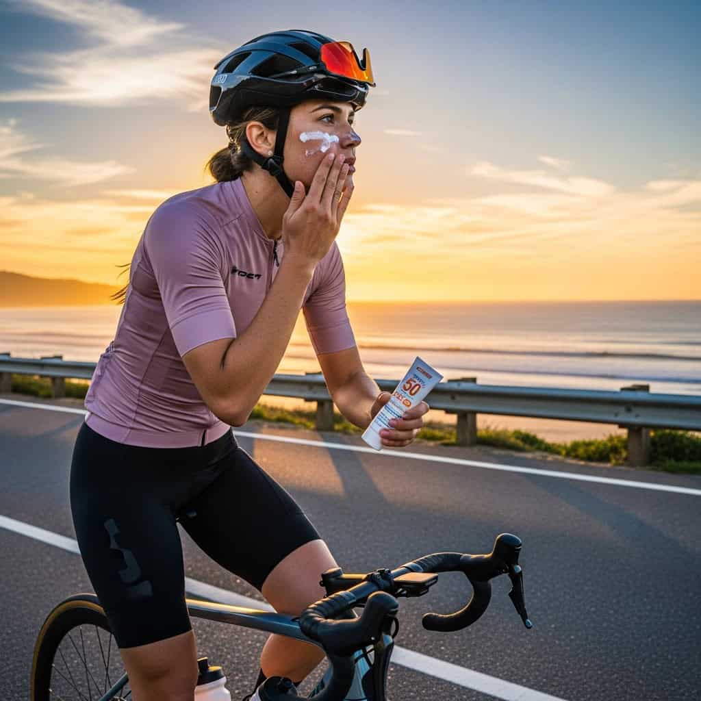 Ciclista con ropa técnica y casco protegiéndose del sol