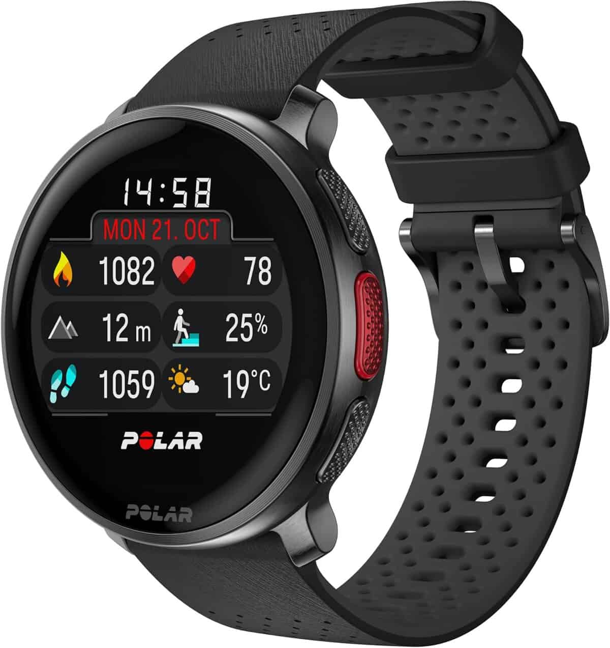 Polar Vantage V3 correa negra — vista lateral del reloj multideporte con carcasa de aluminio y diseño deportivo