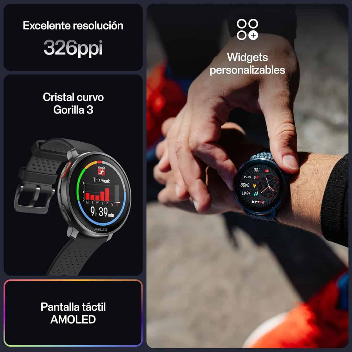 Polar Vantage V3 pantalla AMOLED 454x454 píxeles — detalle de la esfera y la corona del reloj multideporte