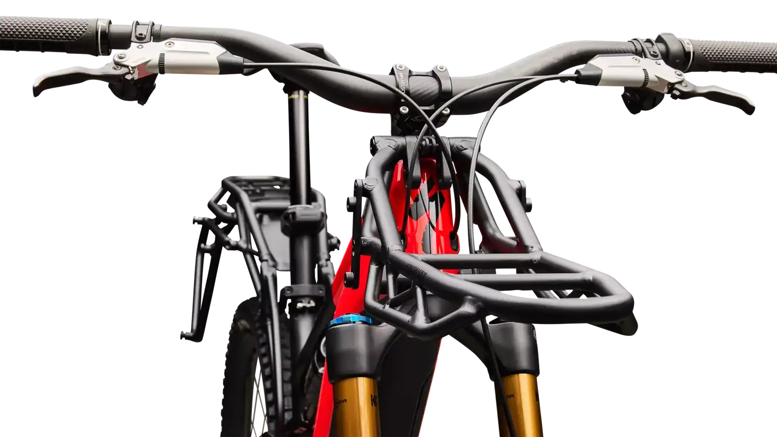 Detalle del portaequipajes delantero de la Specialized Levo 4 X integrado en la horquilla FOX 38