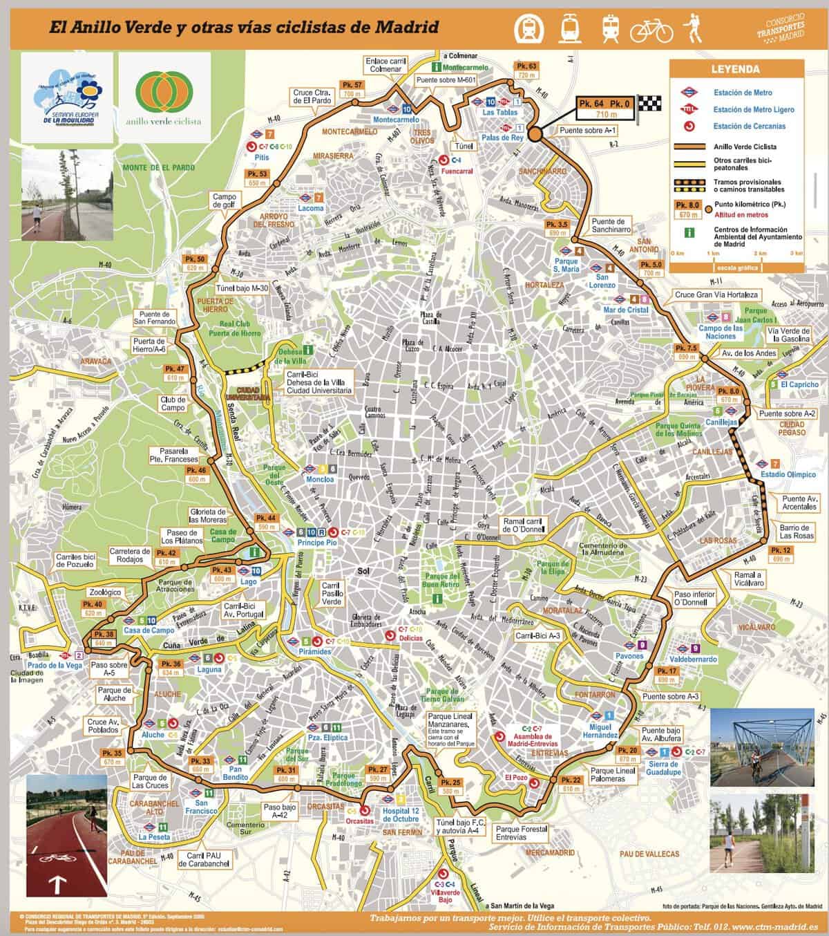 Mapa del Anillo Verde Ciclista de Madrid — recorrido completo de 64 km con tramos señalizados