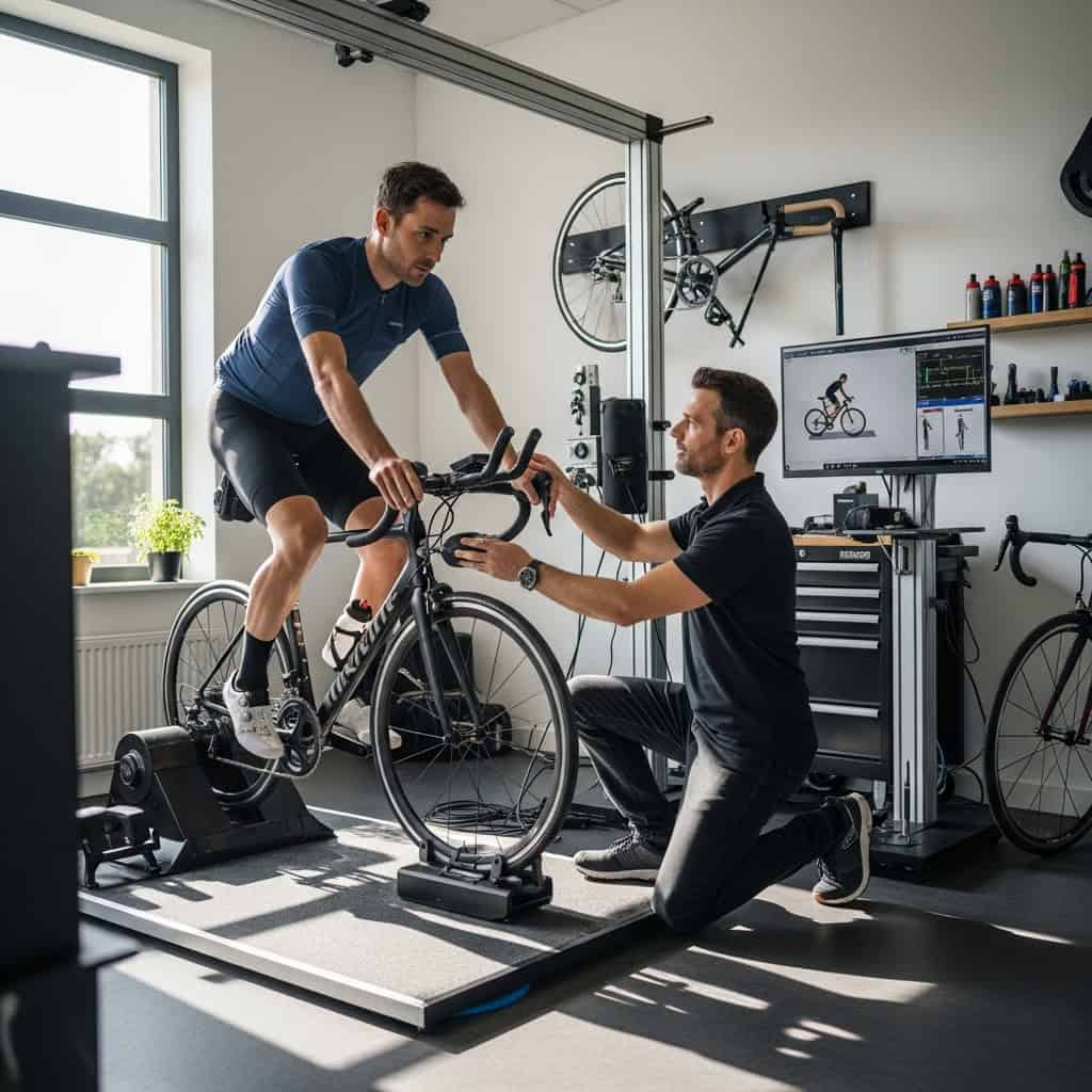 Bike fitting o ajuste biomecánico de bicicleta — especialista analizando la posición del ciclista
