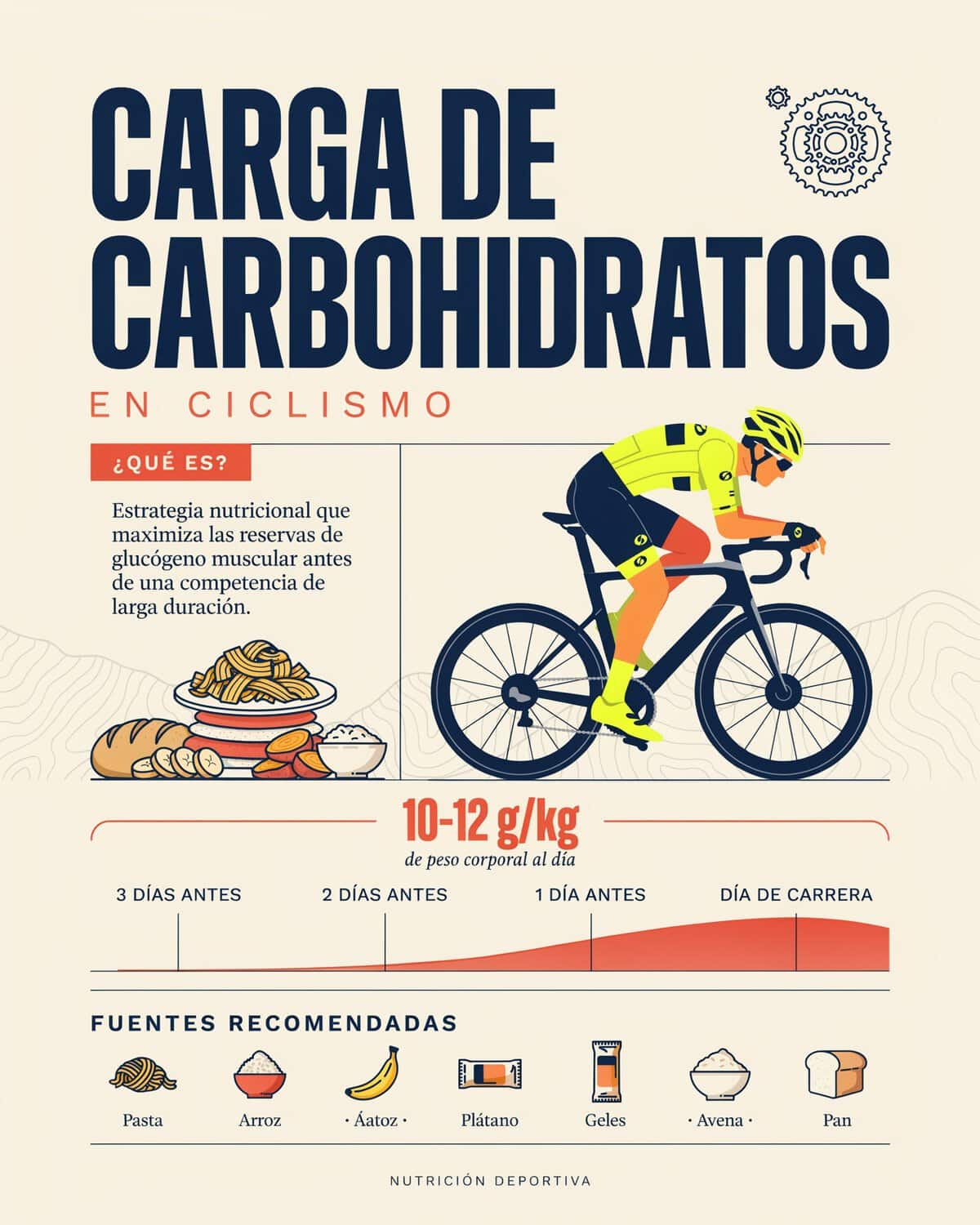 Plato de comida con carbohidratos distribuido en varias tomas a lo largo del día para ciclistas