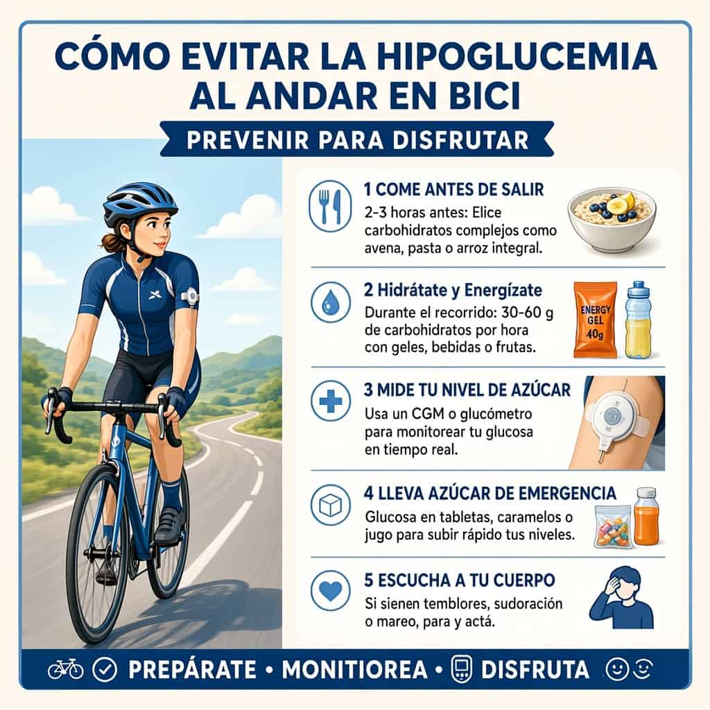 Ciclista comiendo un gel energético y un plátano para recuperarse de una hipoglucemia en ruta