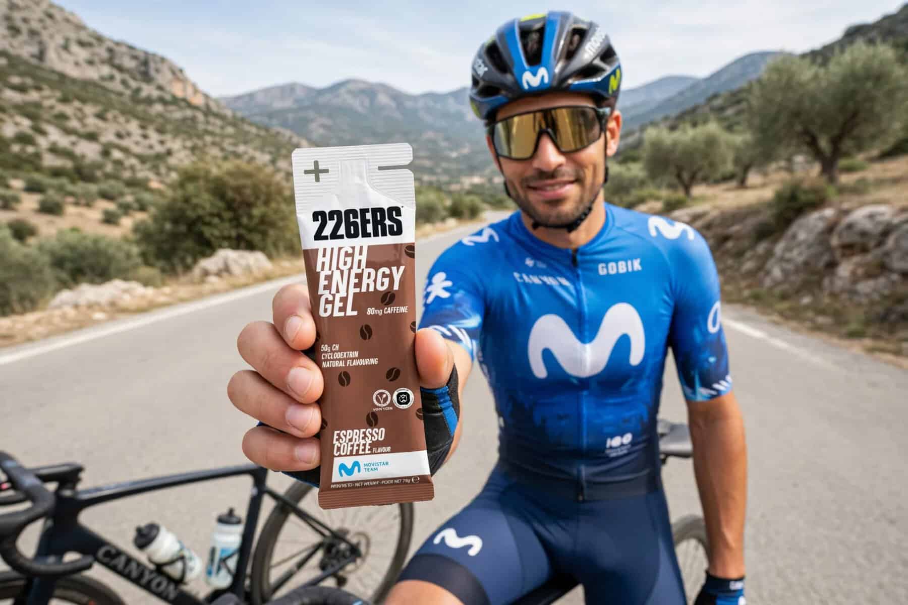 Ciclista tomando un gel energético durante una salida