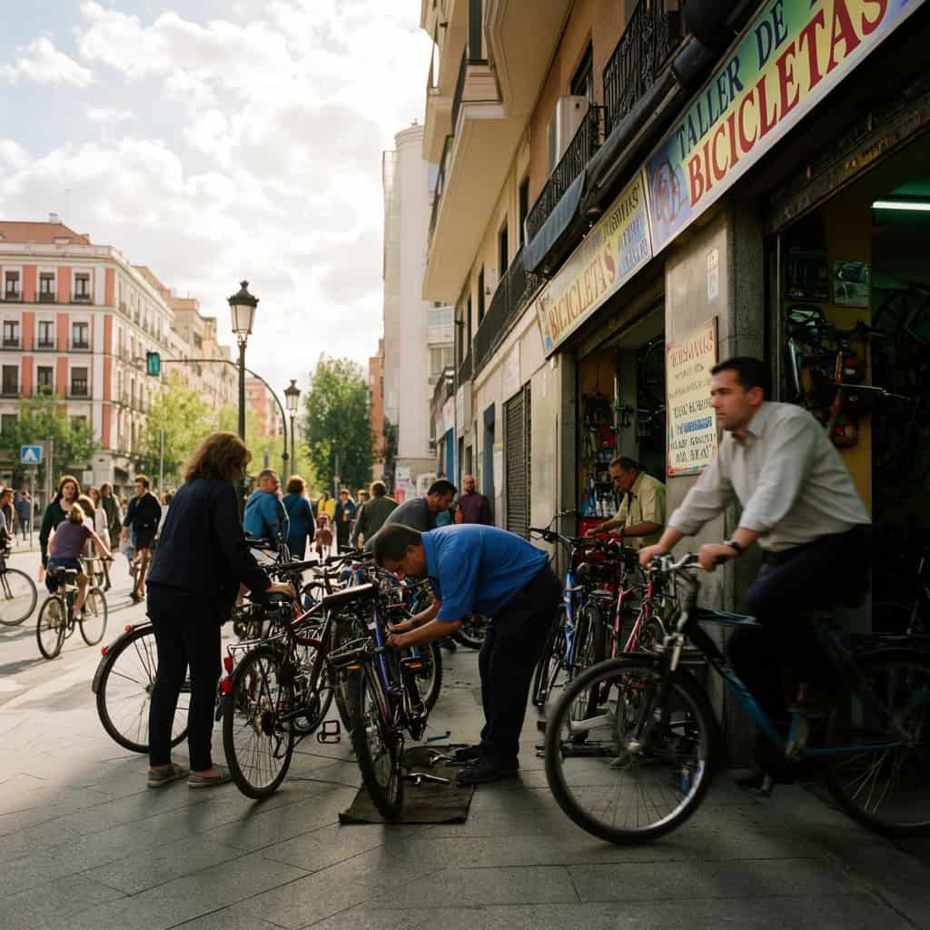 Mecánico reparando una bicicleta en taller de Madrid