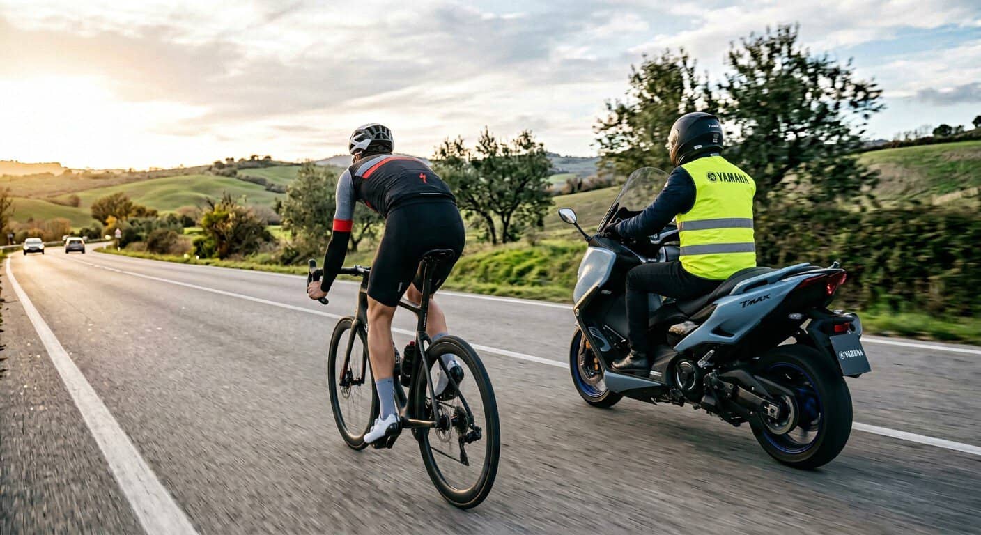Ciclista completando una sesión de motor pacing con cadencia alta y postura aerodinámica