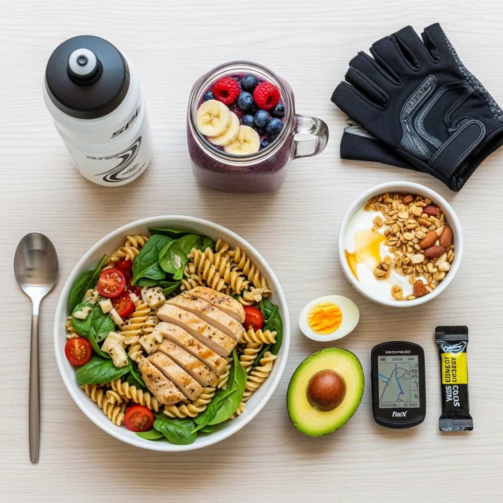 Ciclista preparando una comida equilibrada antes de entrenar