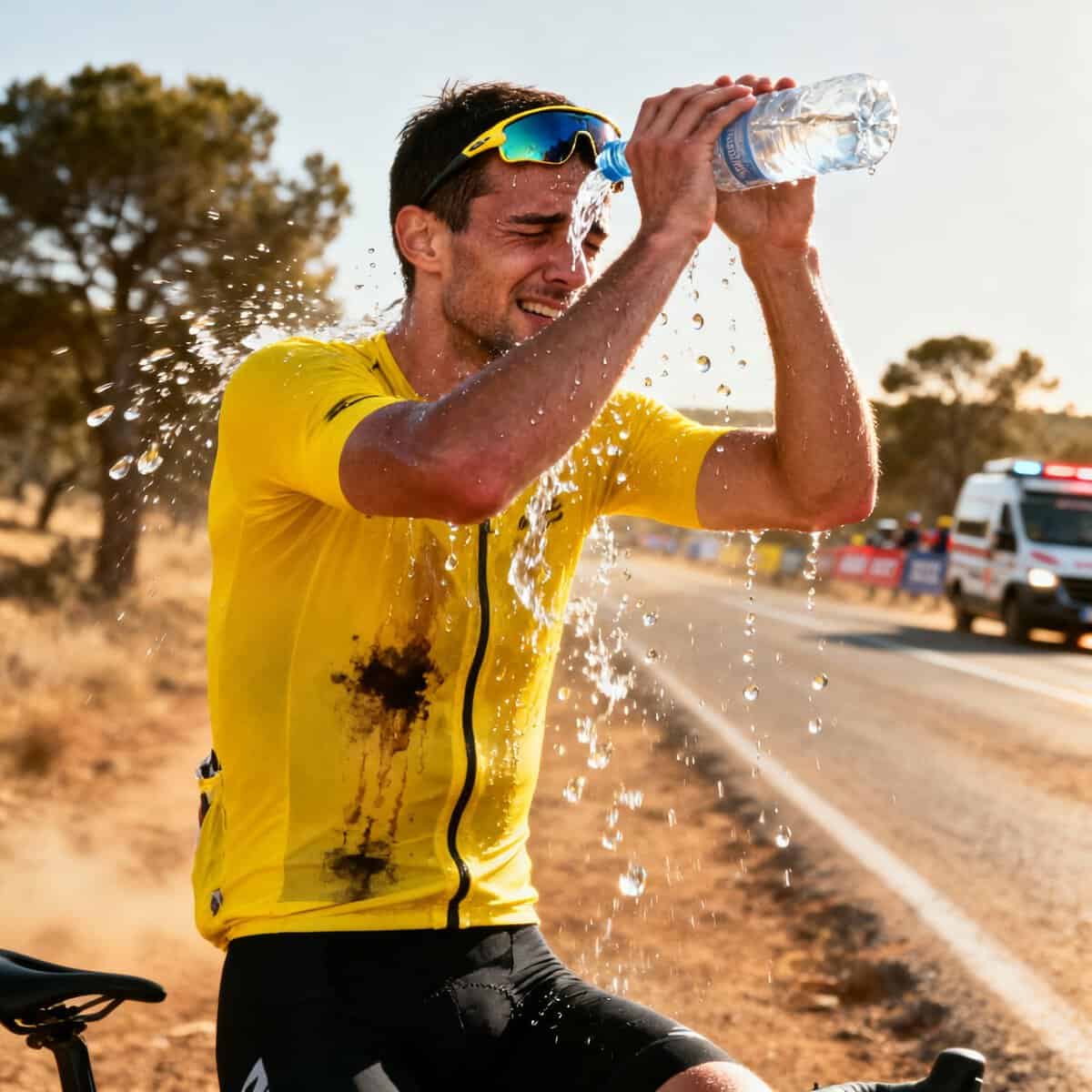 Ciclista pedaleando bajo el sol en un día de calor extremo