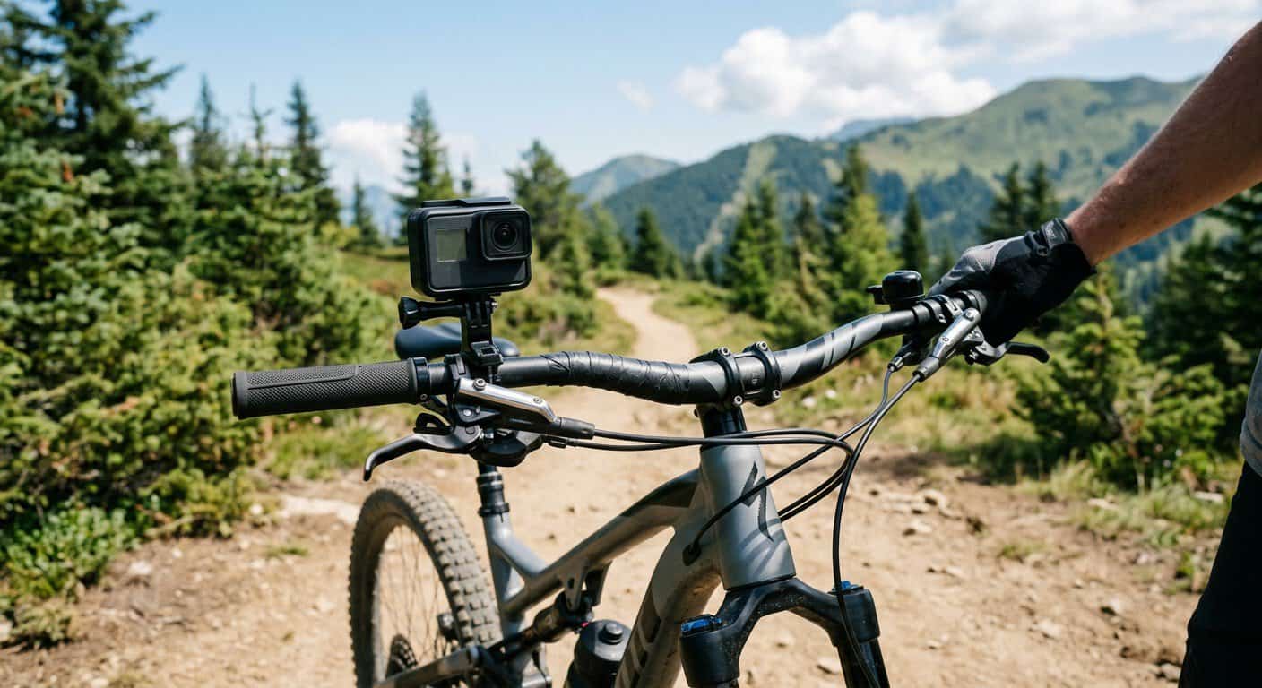 Vista desde la cámara de acción de un ciclista grabando en carretera con tráfico