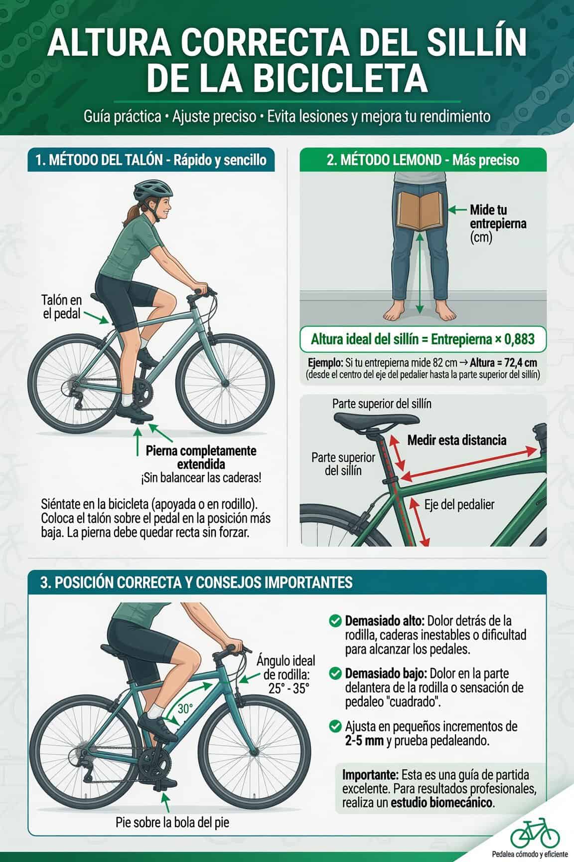 Referencia visual de la altura correcta del sillín de bicicleta midiendo desde el eje del pedalier