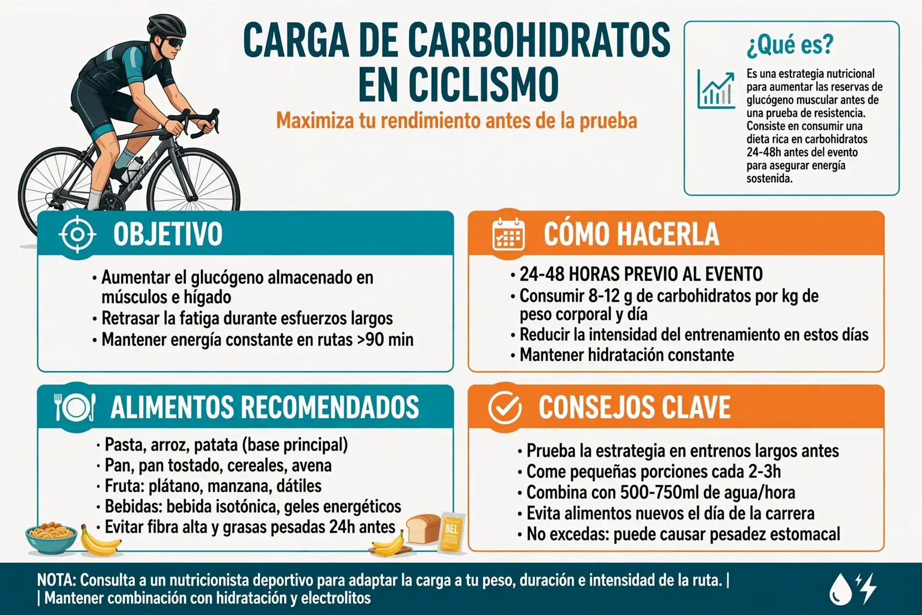 Ciclista preparado para una Gran Fondo de 180 km tras completar su plan de carga de carbohidratos