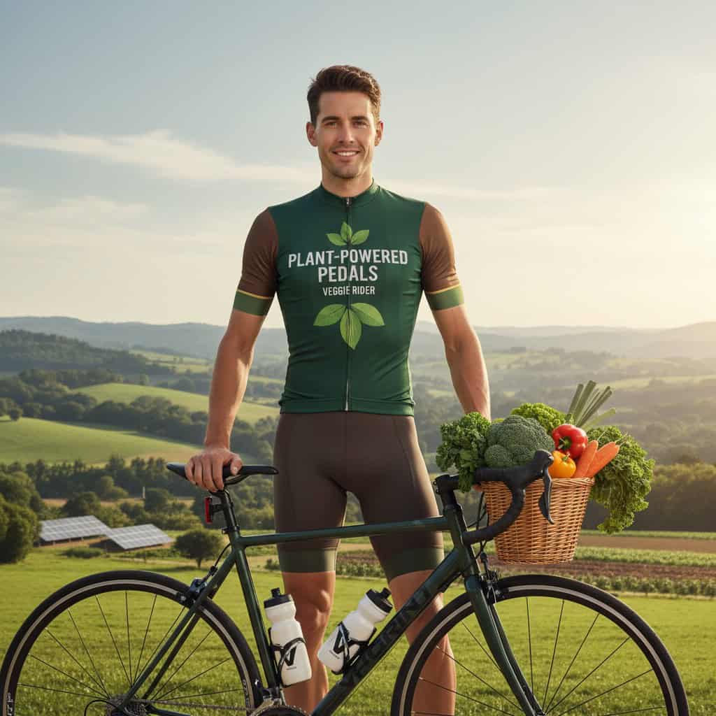 Ciclista vegetariano profesional con alimentos de origen vegetal antes de una etapa